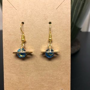 Glittery Blue Saturn Planet Earrings